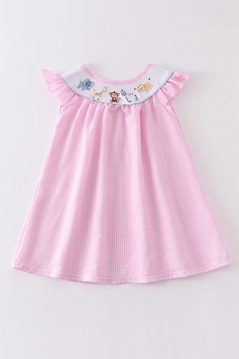 Pink seersucker animal embroidery dress