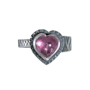 Pink Tourmaline Heart Ring With Stamped Band - Sterling Silver - size 7.75
