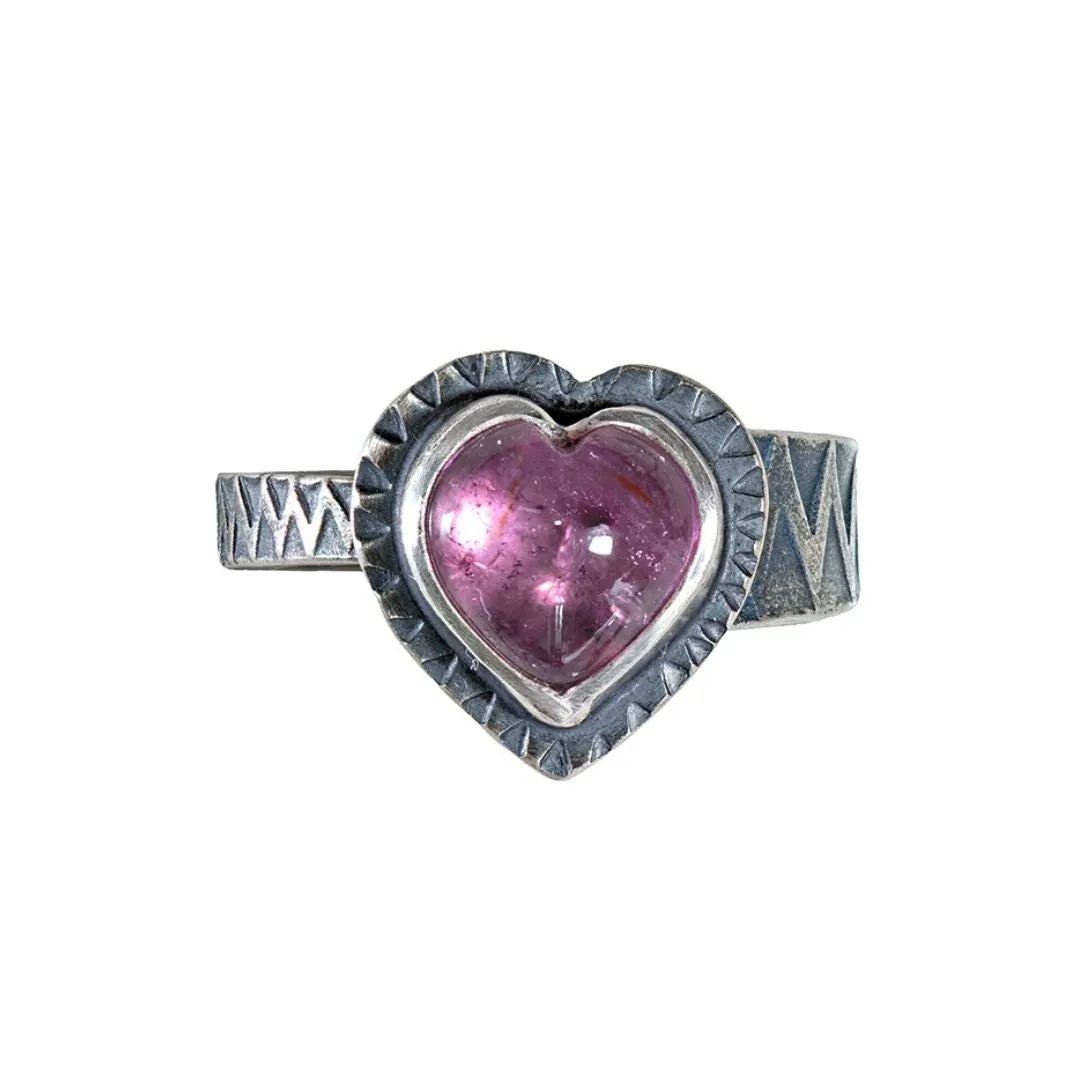 Pink Tourmaline Heart Ring With Stamped Band - Sterling Silver - size 7.75