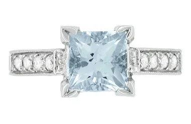 Platinum Art Deco 3/4 Carat Princess Cut Aquamarine and Diamonds Castle Engagement Ring