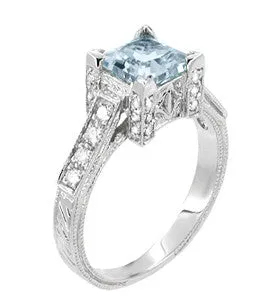 Platinum Art Deco 3/4 Carat Princess Cut Aquamarine and Diamonds Castle Engagement Ring