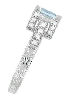 Platinum Art Deco 3/4 Carat Princess Cut Aquamarine and Diamonds Castle Engagement Ring