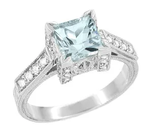 Platinum Art Deco 3/4 Carat Princess Cut Aquamarine and Diamonds Castle Engagement Ring