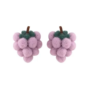 Purple & Green Wool Fuzzy Grape Bunch Stud Earrings