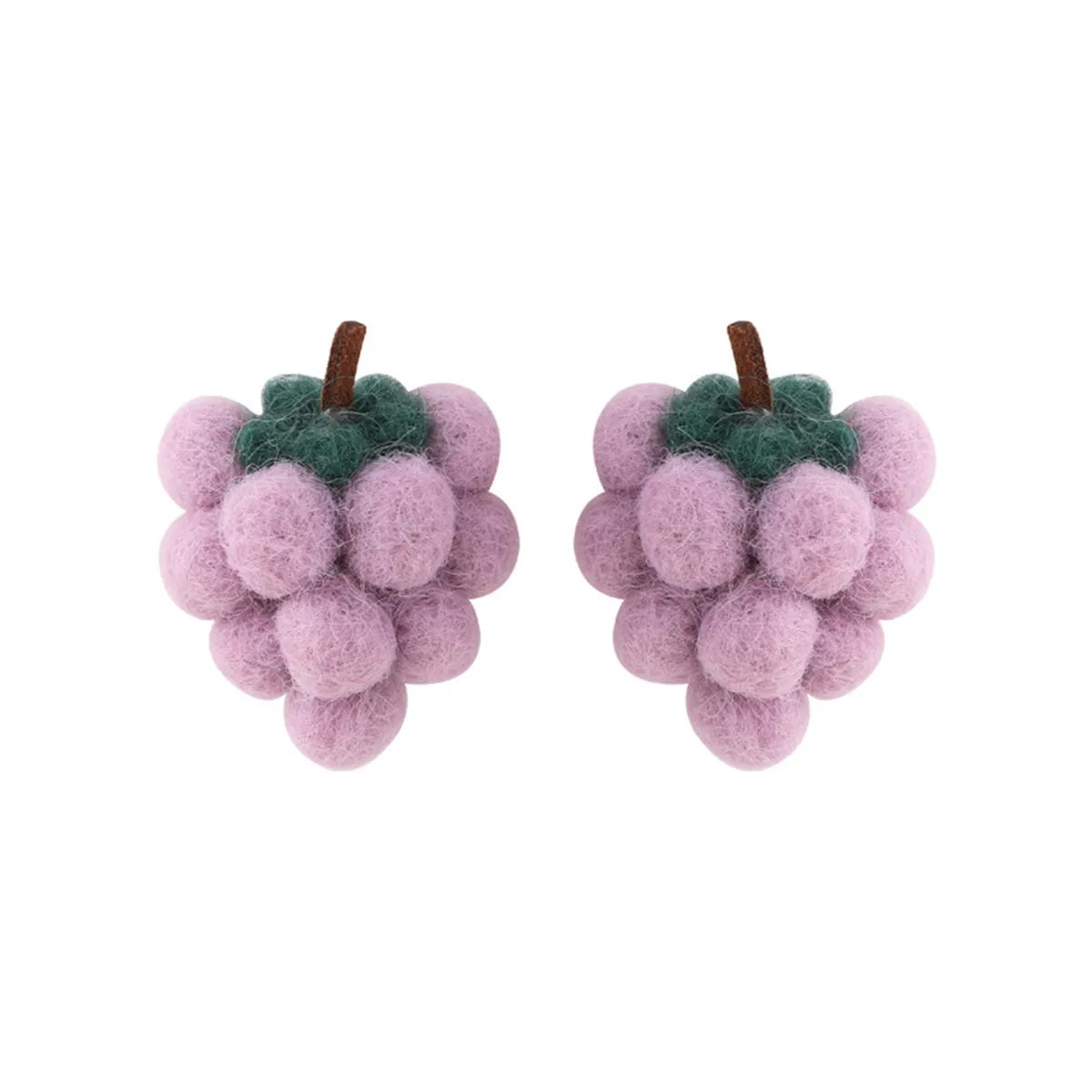 Purple & Green Wool Fuzzy Grape Bunch Stud Earrings