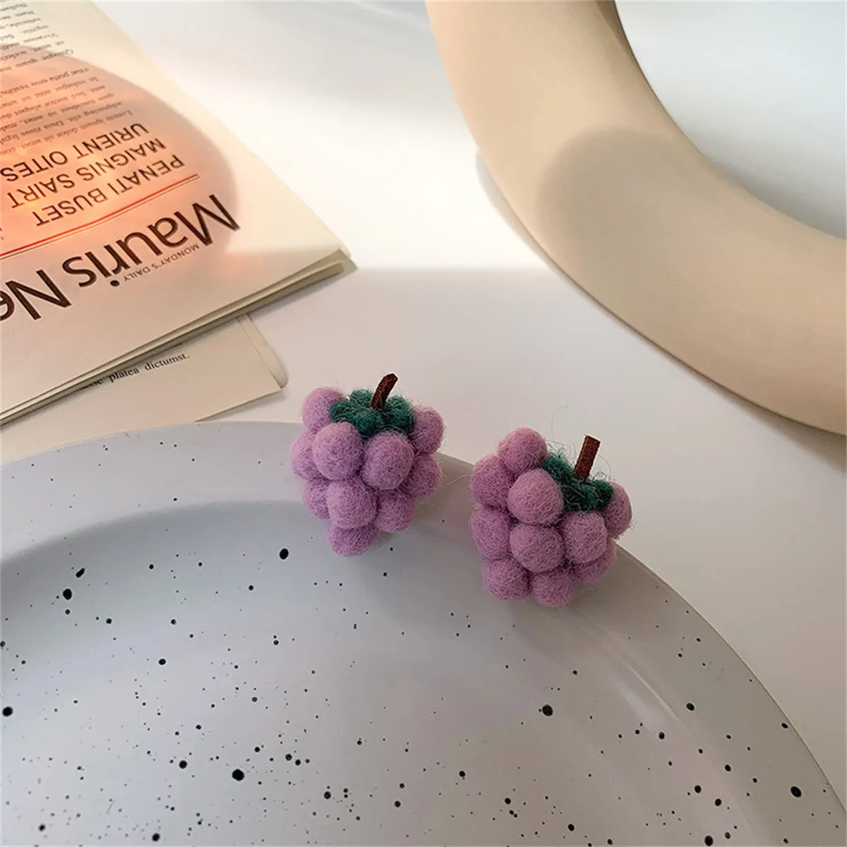 Purple & Green Wool Fuzzy Grape Bunch Stud Earrings