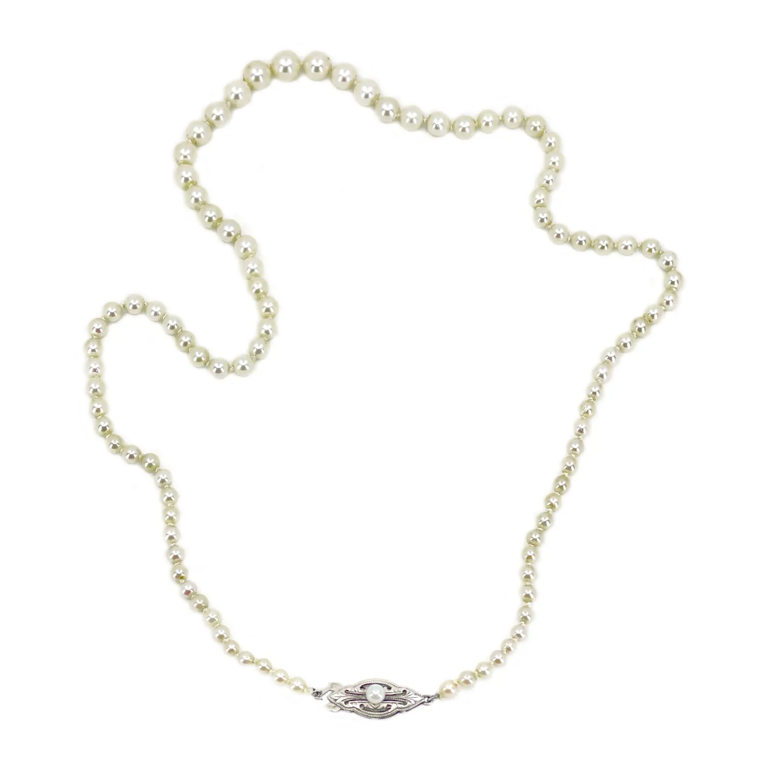 Quality Vintage Art Deco Japanese Saltwater Cultured Akoya Pearl Graduated Necklace - Sterling Silver 18.75 Inch