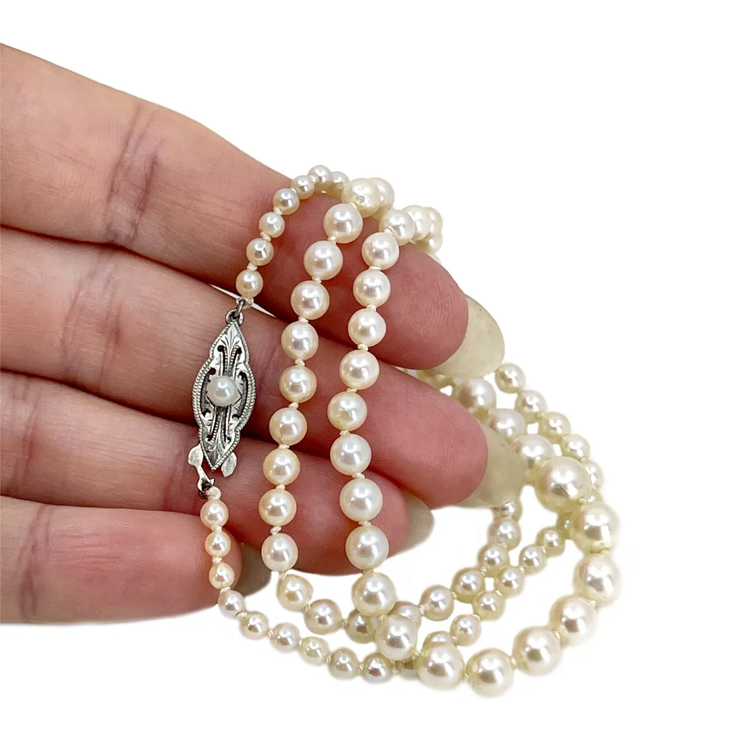 Quality Vintage Art Deco Japanese Saltwater Cultured Akoya Pearl Graduated Necklace - Sterling Silver 18.75 Inch