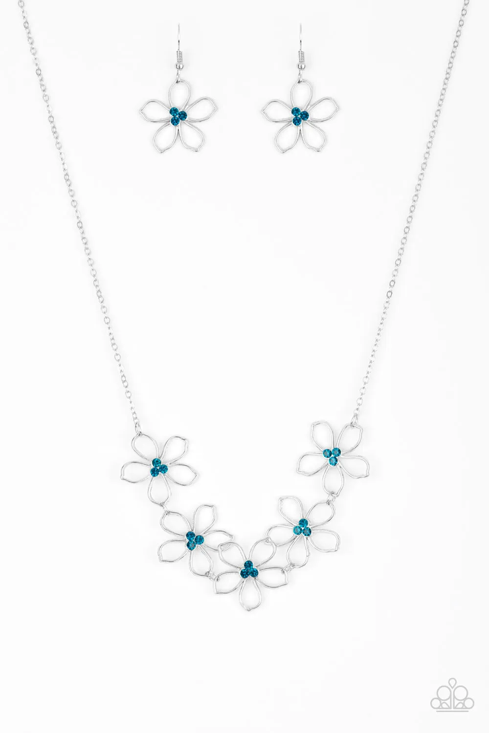 "Hoppin' Hibiscus" Dainty Silver Metal & Blue Flower Floral Necklace Set