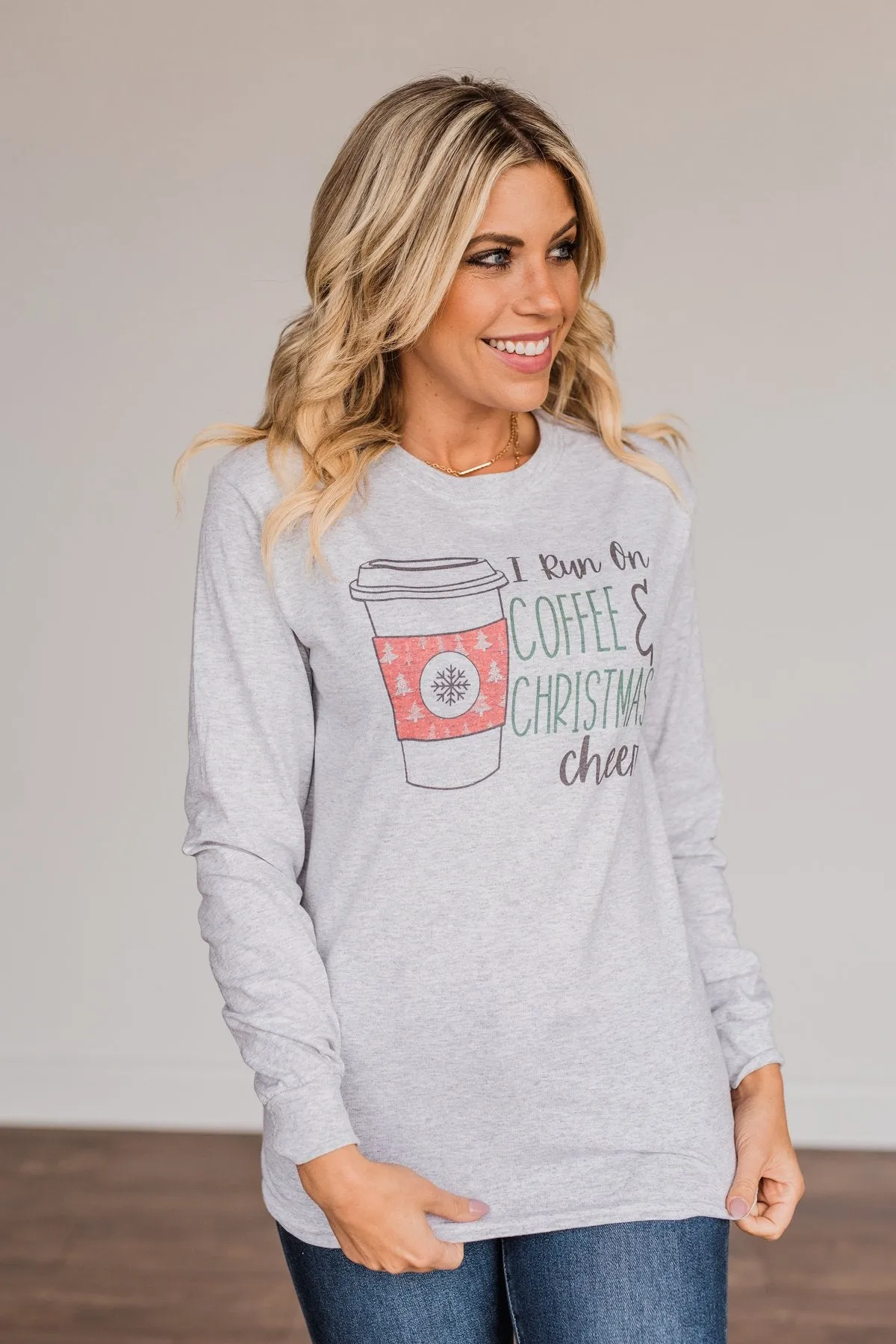 "I Run On Coffee & Christmas Cheer" Graphic Top- Grey