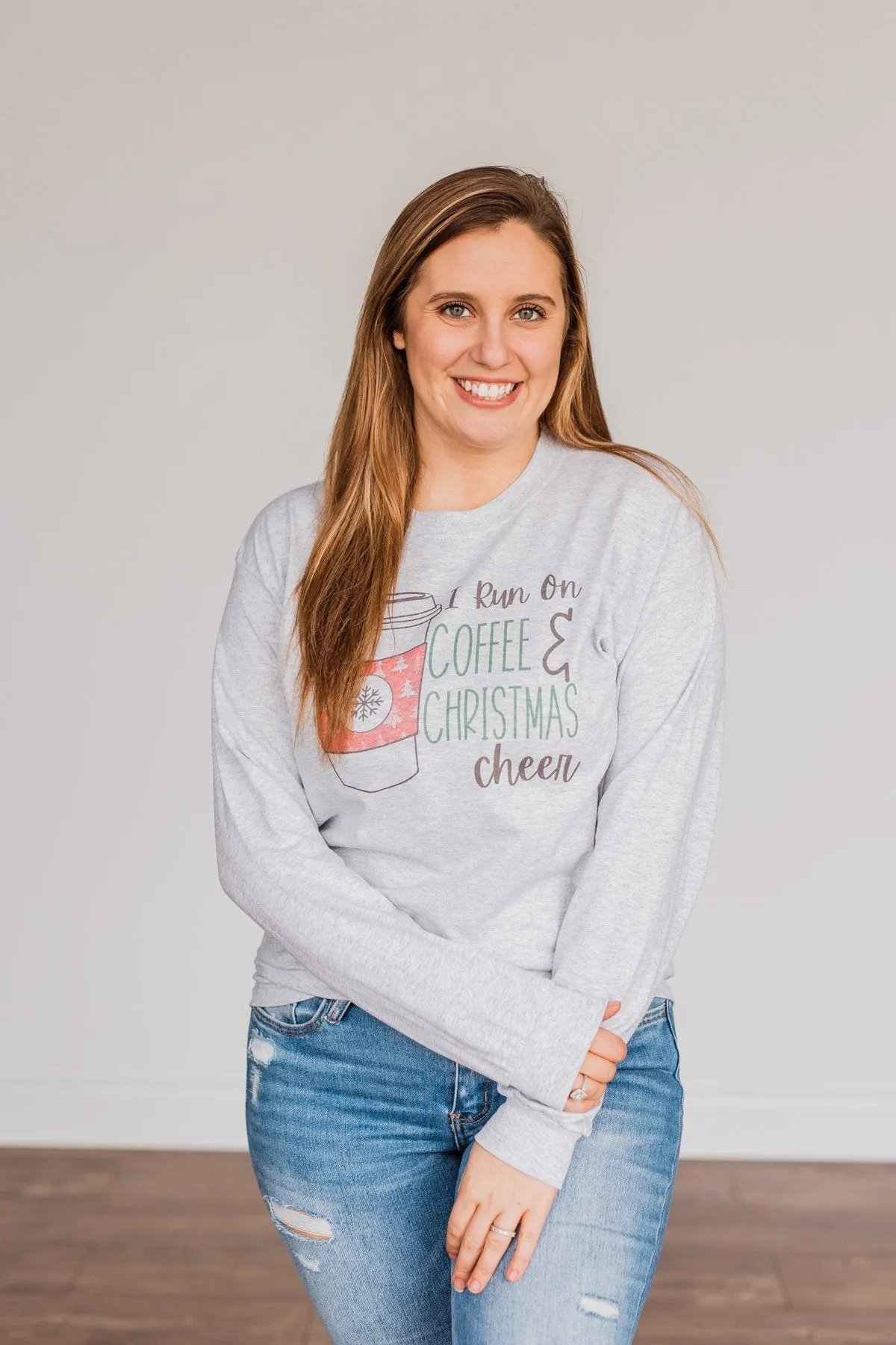 "I Run On Coffee & Christmas Cheer" Graphic Top- Grey