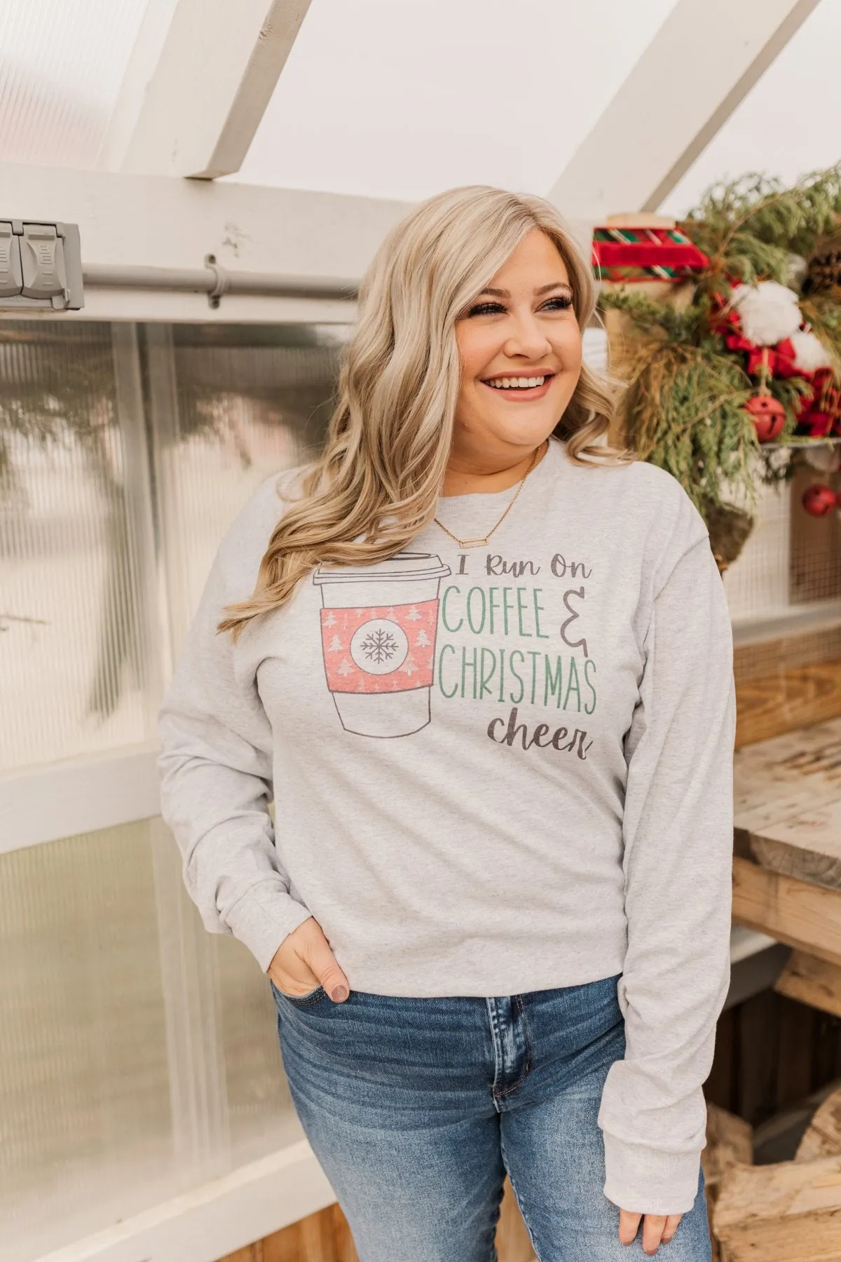"I Run On Coffee & Christmas Cheer" Graphic Top- Grey