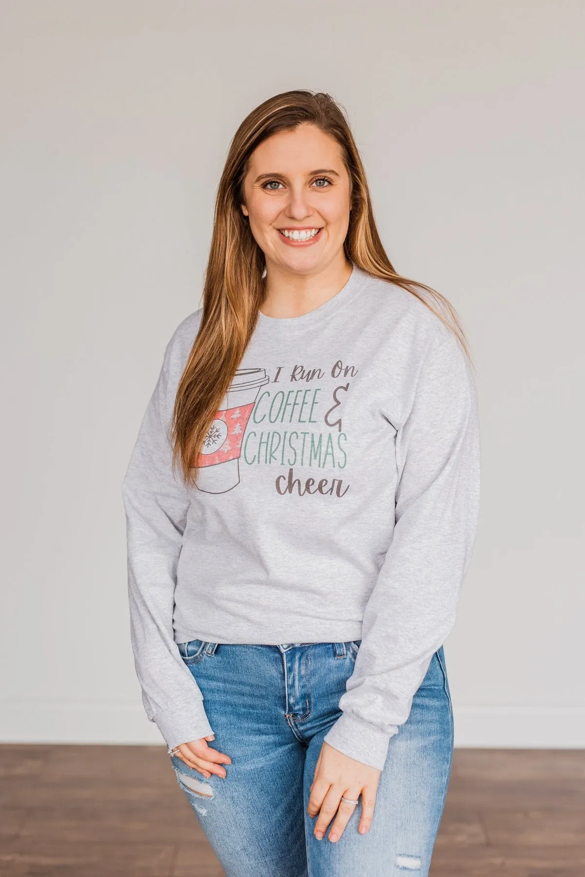 "I Run On Coffee & Christmas Cheer" Graphic Top- Grey