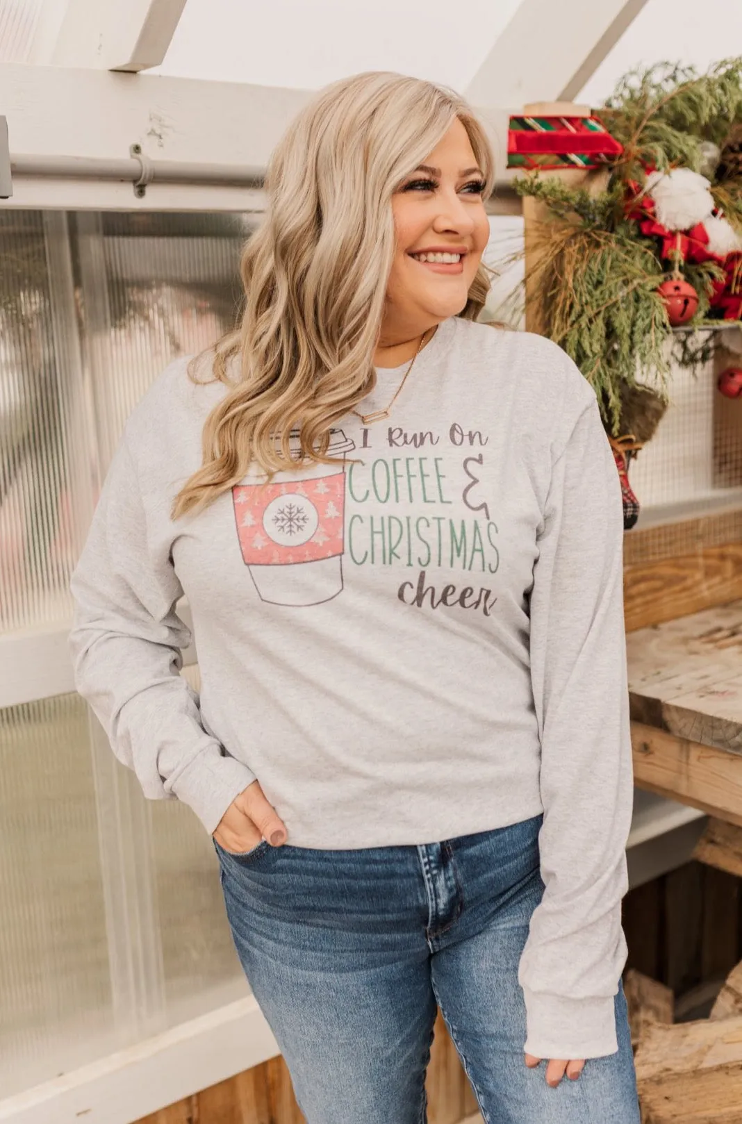 "I Run On Coffee & Christmas Cheer" Graphic Top- Grey