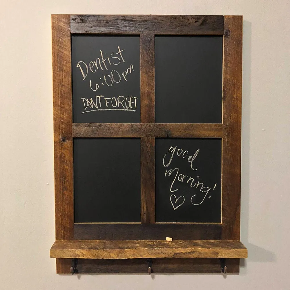 Reclaimed Wood 4 Pane Chalkboard Shelf with Hooks