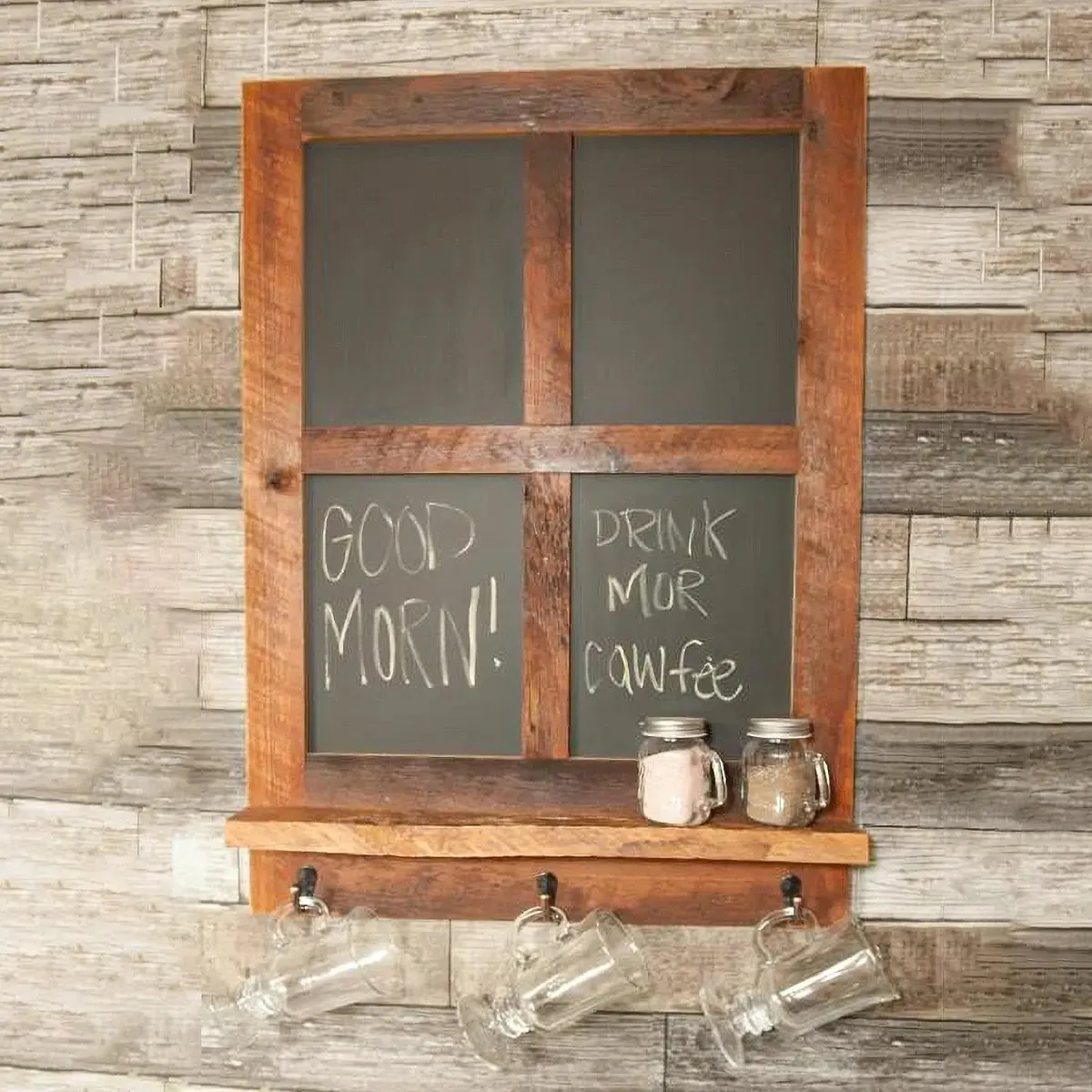 Reclaimed Wood 4 Pane Chalkboard Shelf with Hooks