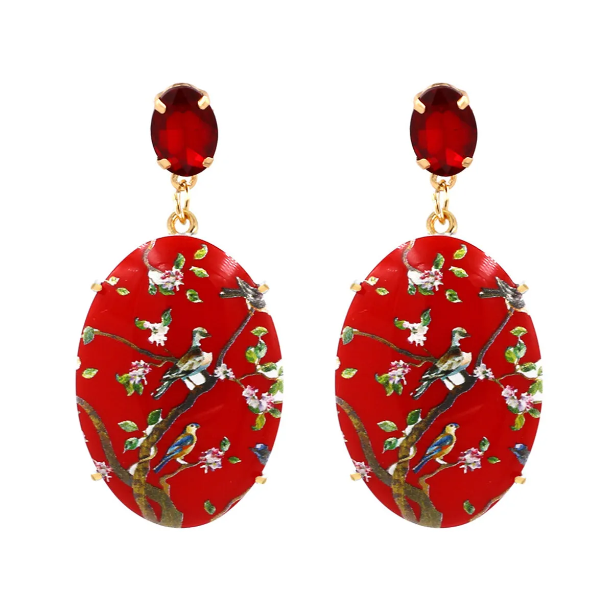 Red Crystal & 18K Gold-Plated Bird Branch Oval Drop Earrings