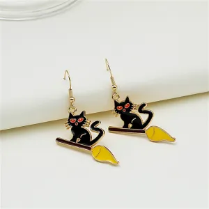 Red Enamel & 18K Gold-Plated Broom Cat Drop Earrings