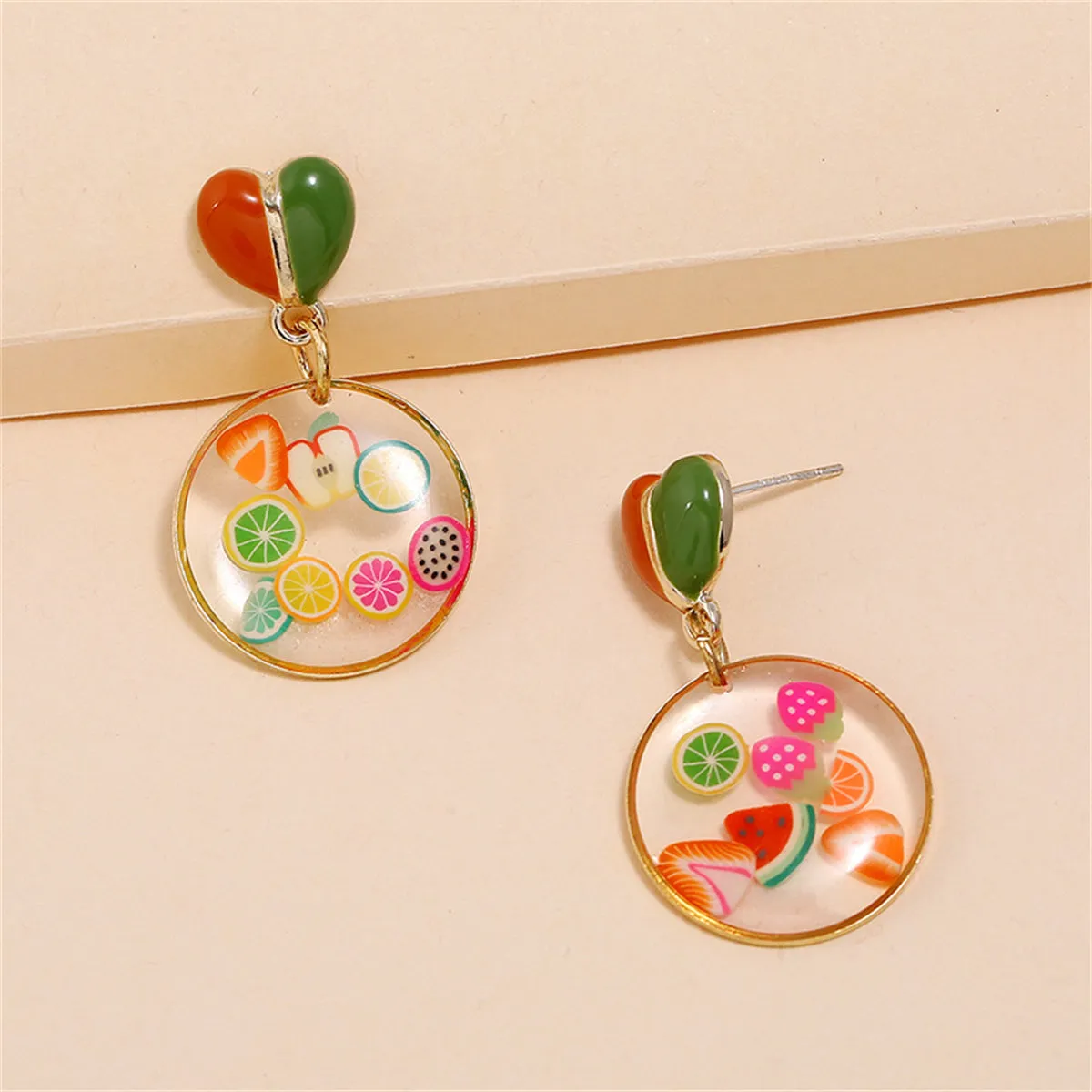 Red Enamel & Resin Heart Fruit Drop Earrings