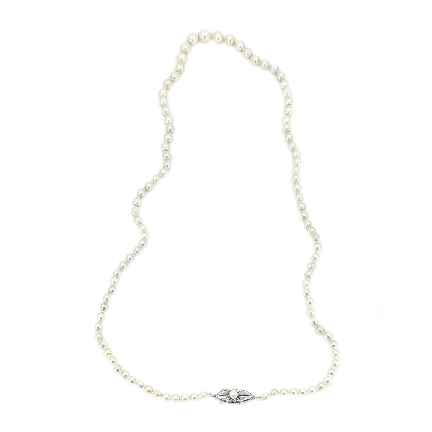 Reserved for Dawn-Meri Deco Milgrain Engraved Japanese Saltwater Cultured Akoya Pearl Graduated Necklace - Sterling Silver 20.50 Inch