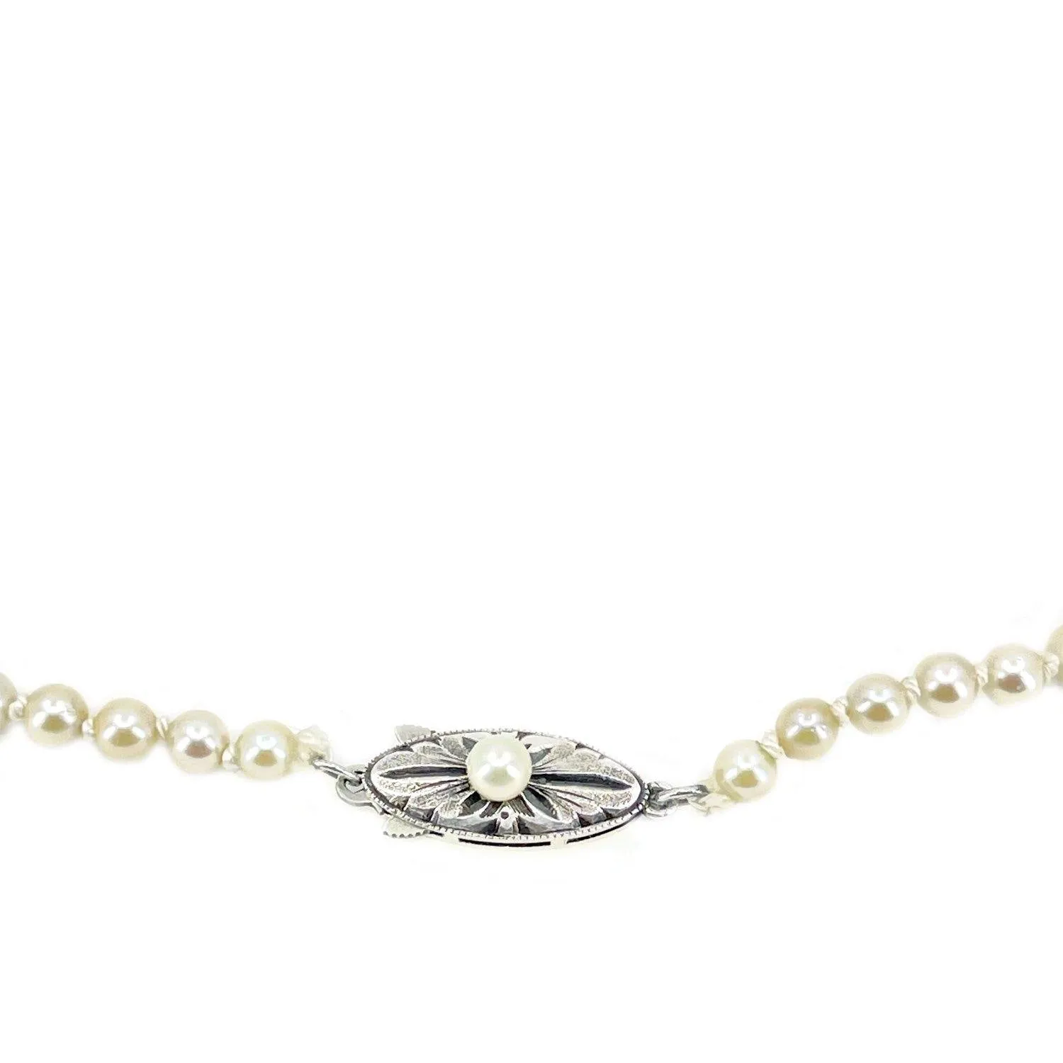 Reserved for Dawn-Meri Deco Milgrain Engraved Japanese Saltwater Cultured Akoya Pearl Graduated Necklace - Sterling Silver 20.50 Inch