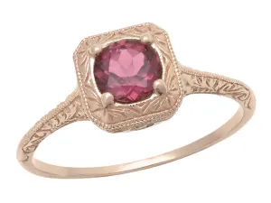 Rhodolite Garnet Filigree Scrolls Engraved Engagement Ring in 14 Karat Rose ( Pink ) Gold