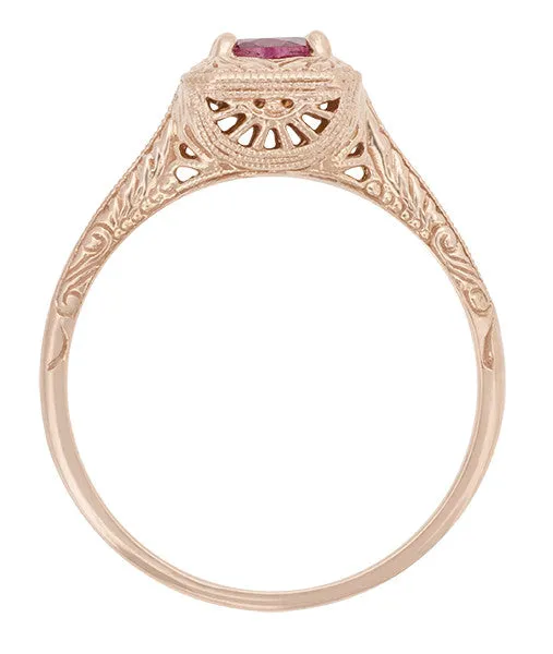 Rhodolite Garnet Filigree Scrolls Engraved Engagement Ring in 14 Karat Rose ( Pink ) Gold