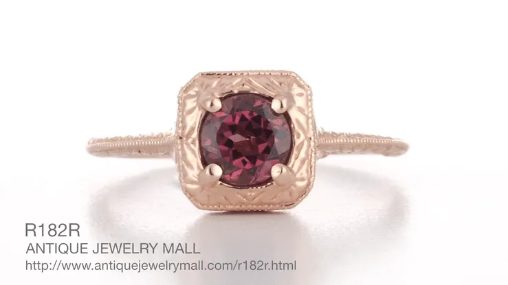 Rhodolite Garnet Filigree Scrolls Engraved Engagement Ring in 14 Karat Rose ( Pink ) Gold