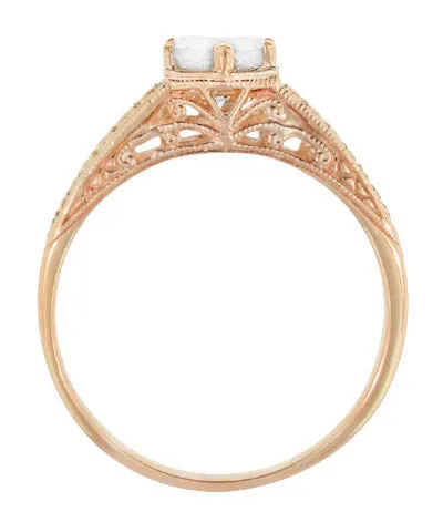 Rose Gold Art Deco Scrolls and Wheat White Sapphire Solitaire Filigree Engraved Engagement Ring