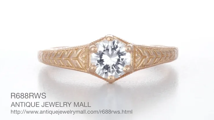 Rose Gold Art Deco Scrolls and Wheat White Sapphire Solitaire Filigree Engraved Engagement Ring