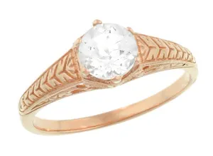 Rose Gold Art Deco Scrolls and Wheat White Sapphire Solitaire Filigree Engraved Engagement Ring