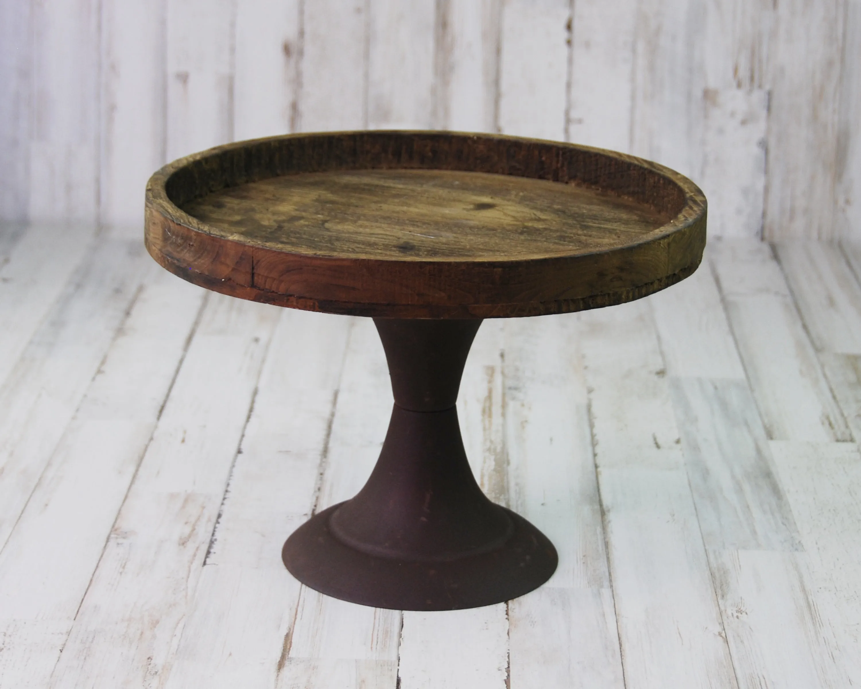 Rustic brown wooden round pedestal tray