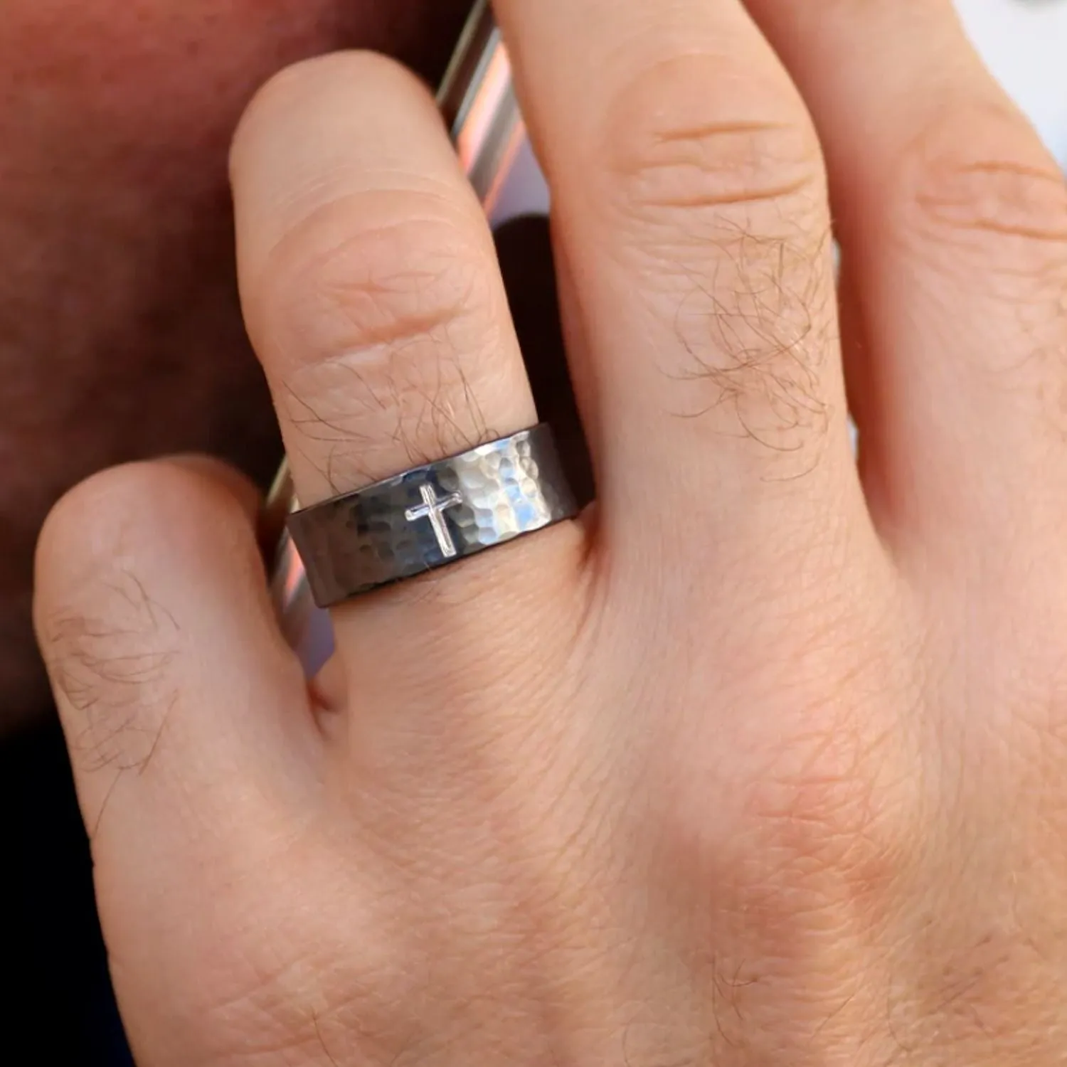 Rustic Cross Ring for Men Hammered Oxidized Sterling silver