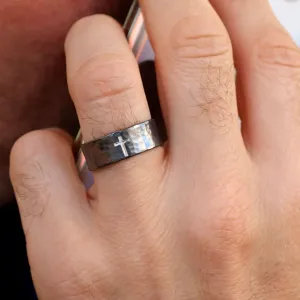 Rustic Cross Ring for Men Hammered Oxidized Sterling silver