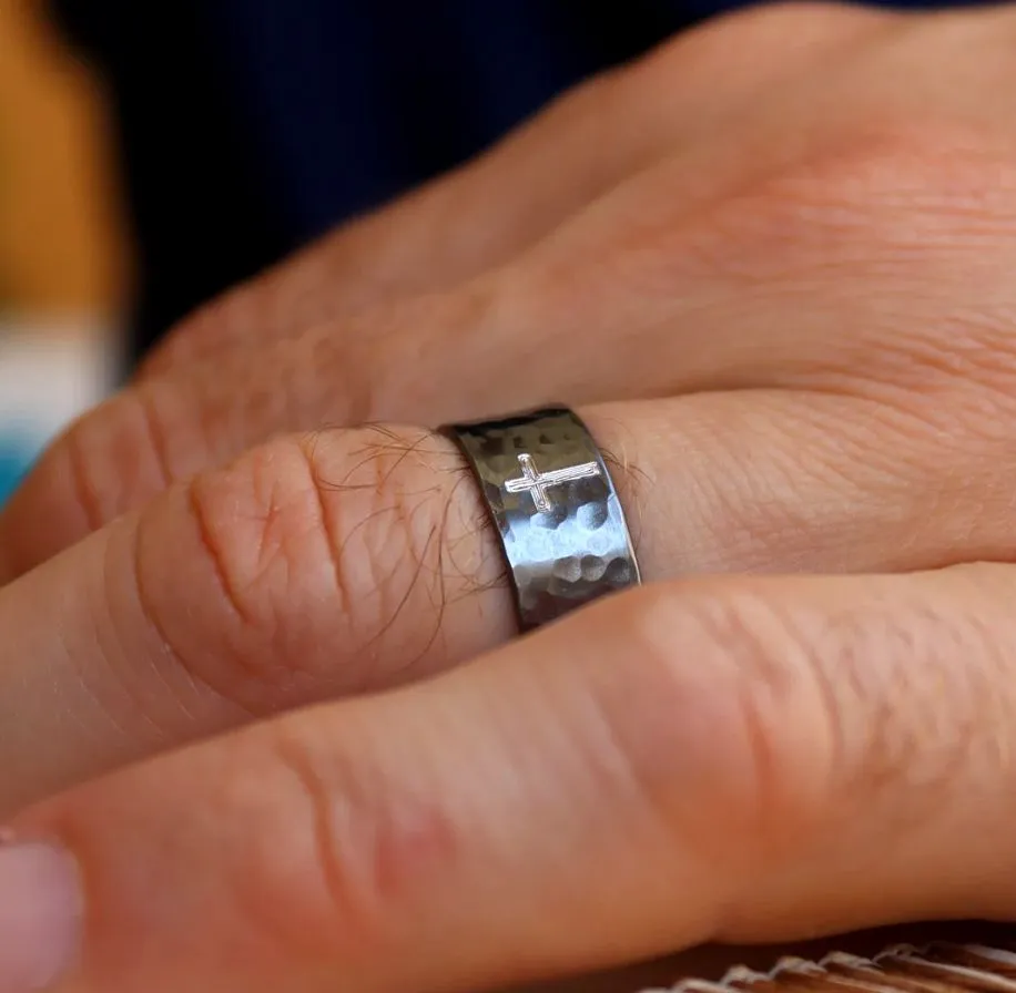 Rustic Cross Ring for Men Hammered Oxidized Sterling silver