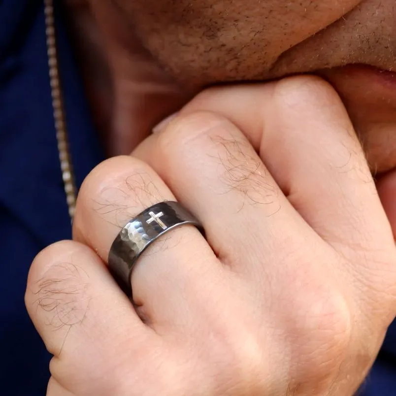 Rustic Cross Ring for Men Hammered Oxidized Sterling silver