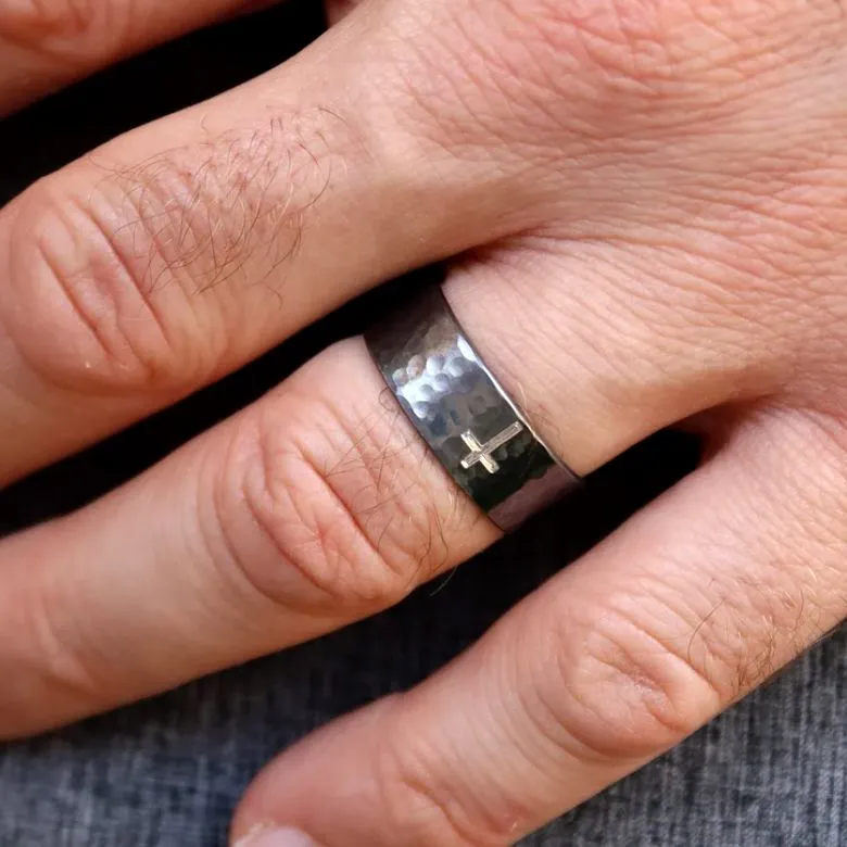Rustic Cross Ring for Men Hammered Oxidized Sterling silver
