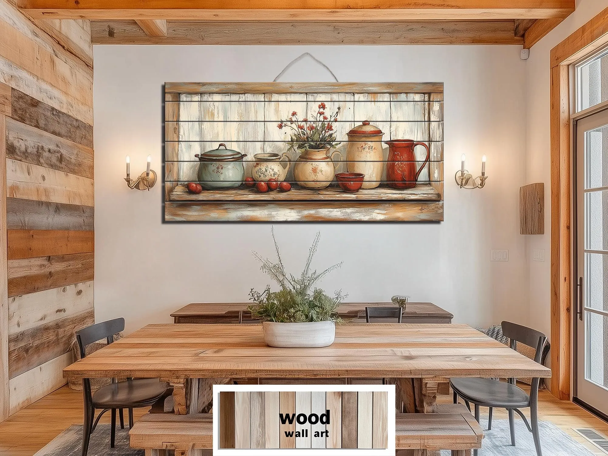 Rustic Farmhouse Kitchen Pottery On Shelf Distressed Wood Wall Art