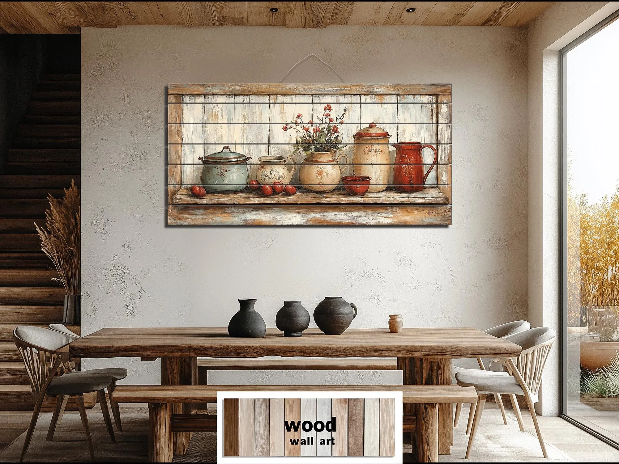 Rustic Farmhouse Kitchen Pottery On Shelf Distressed Wood Wall Art
