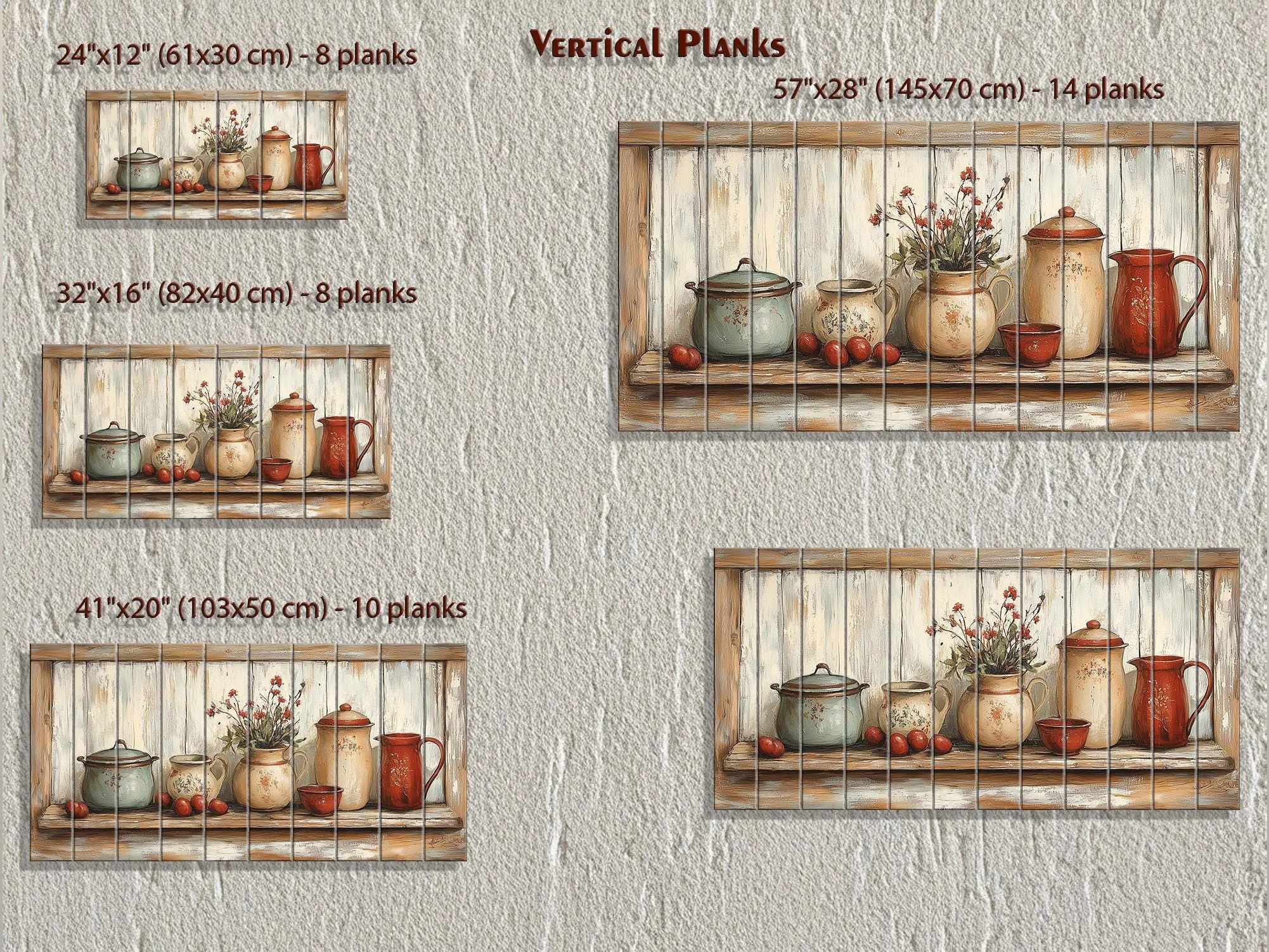 Rustic Farmhouse Kitchen Pottery On Shelf Distressed Wood Wall Art