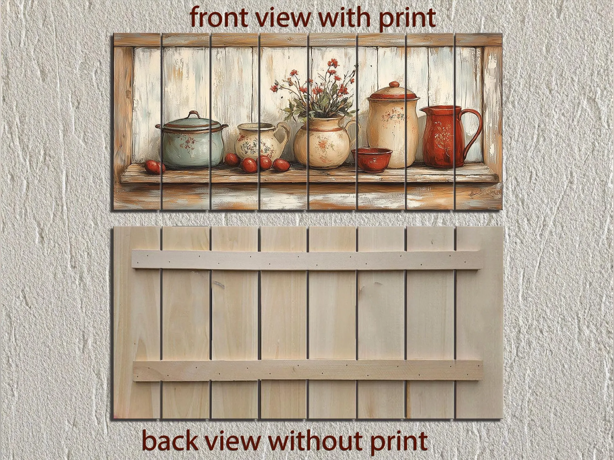 Rustic Farmhouse Kitchen Pottery On Shelf Distressed Wood Wall Art