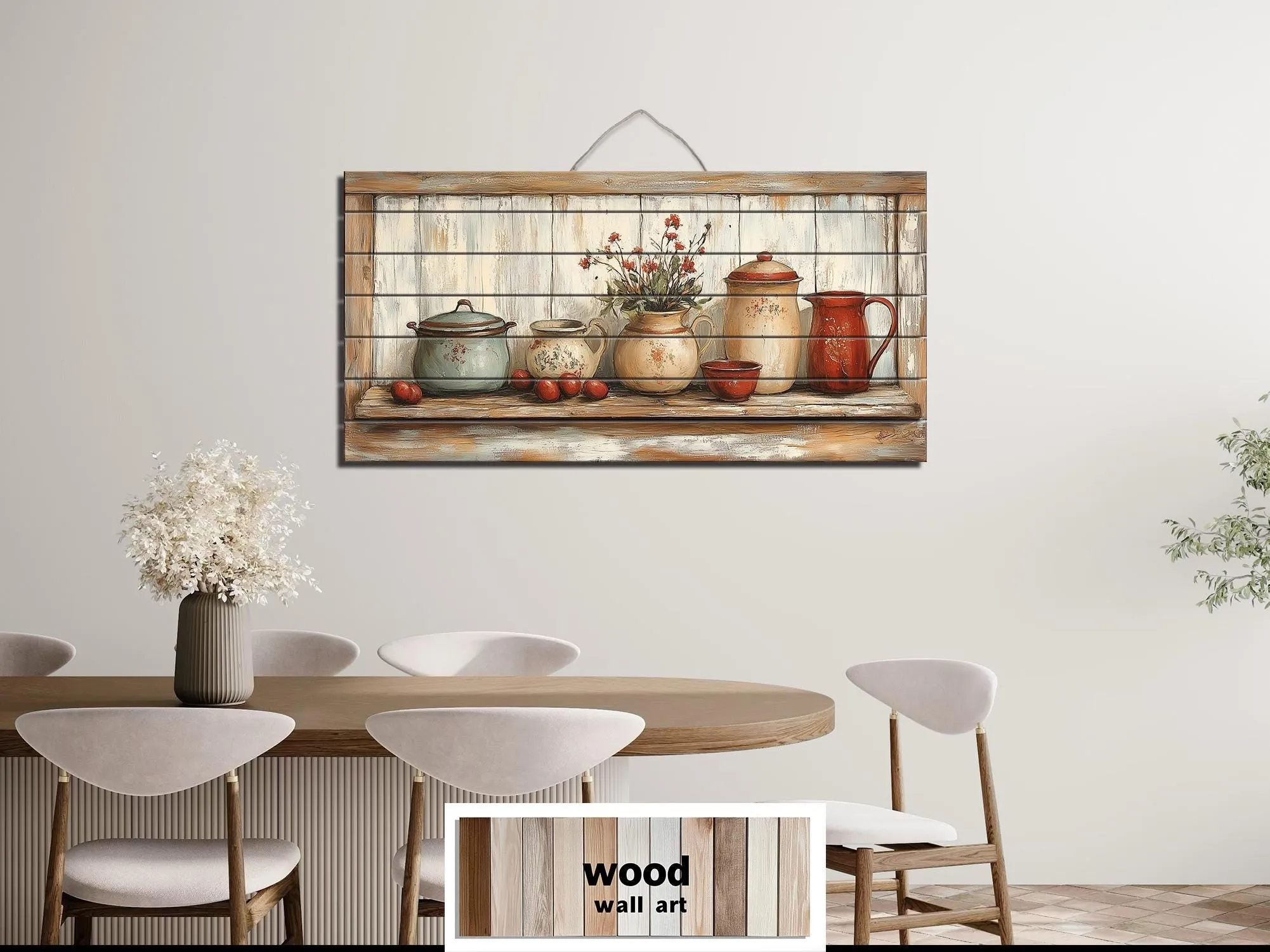Rustic Farmhouse Kitchen Pottery On Shelf Distressed Wood Wall Art