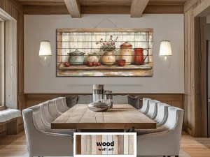 Rustic Farmhouse Kitchen Pottery On Shelf Distressed Wood Wall Art