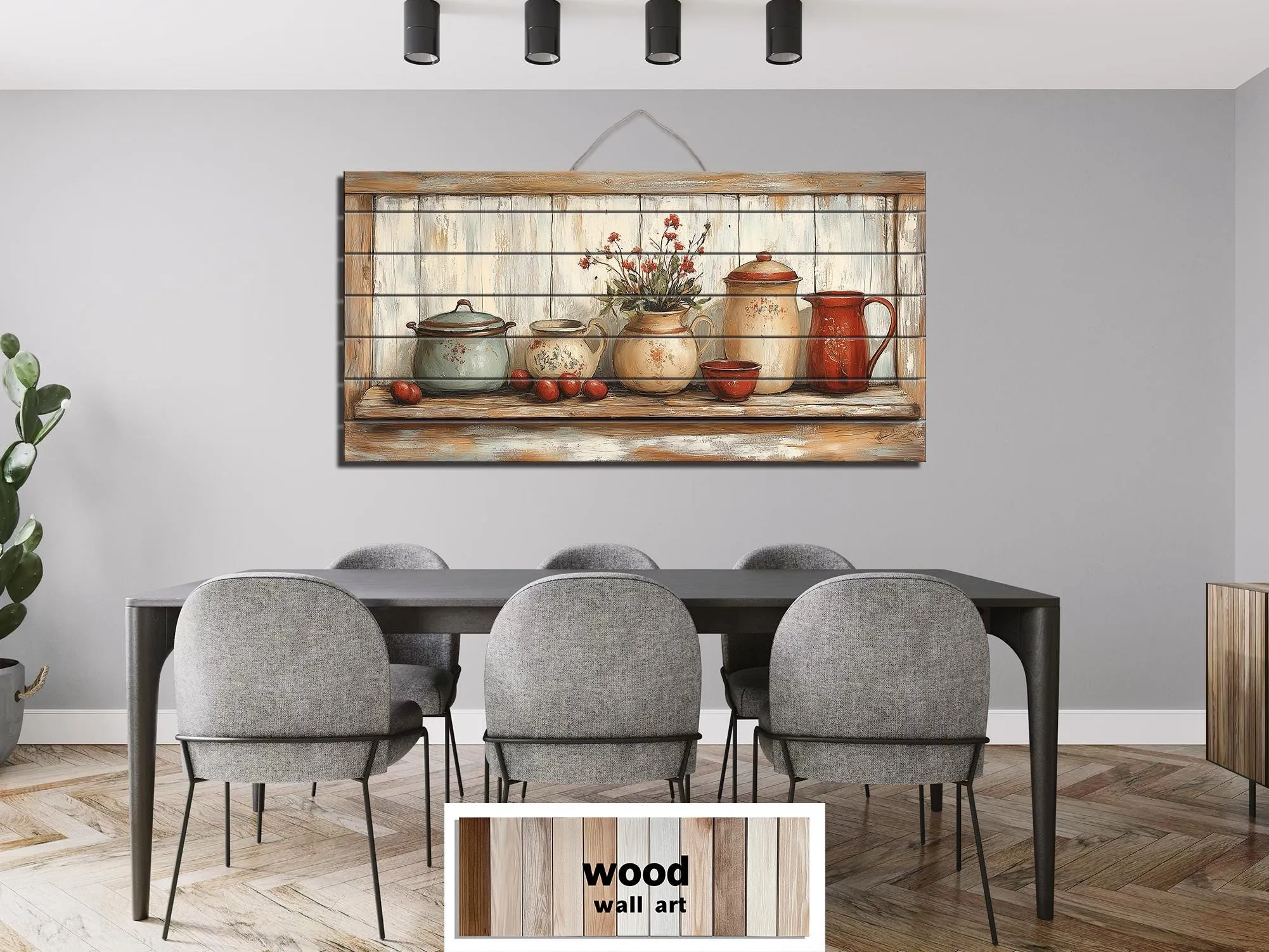 Rustic Farmhouse Kitchen Pottery On Shelf Distressed Wood Wall Art