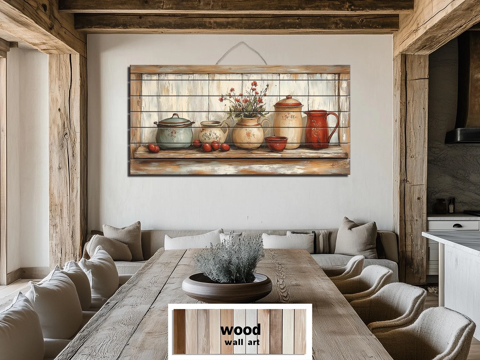 Rustic Farmhouse Kitchen Pottery On Shelf Distressed Wood Wall Art