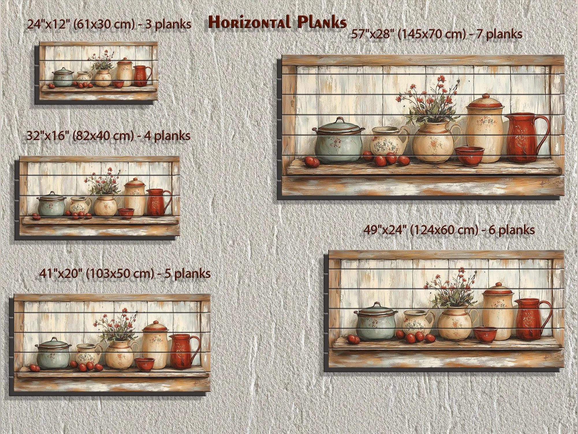 Rustic Farmhouse Kitchen Pottery On Shelf Distressed Wood Wall Art