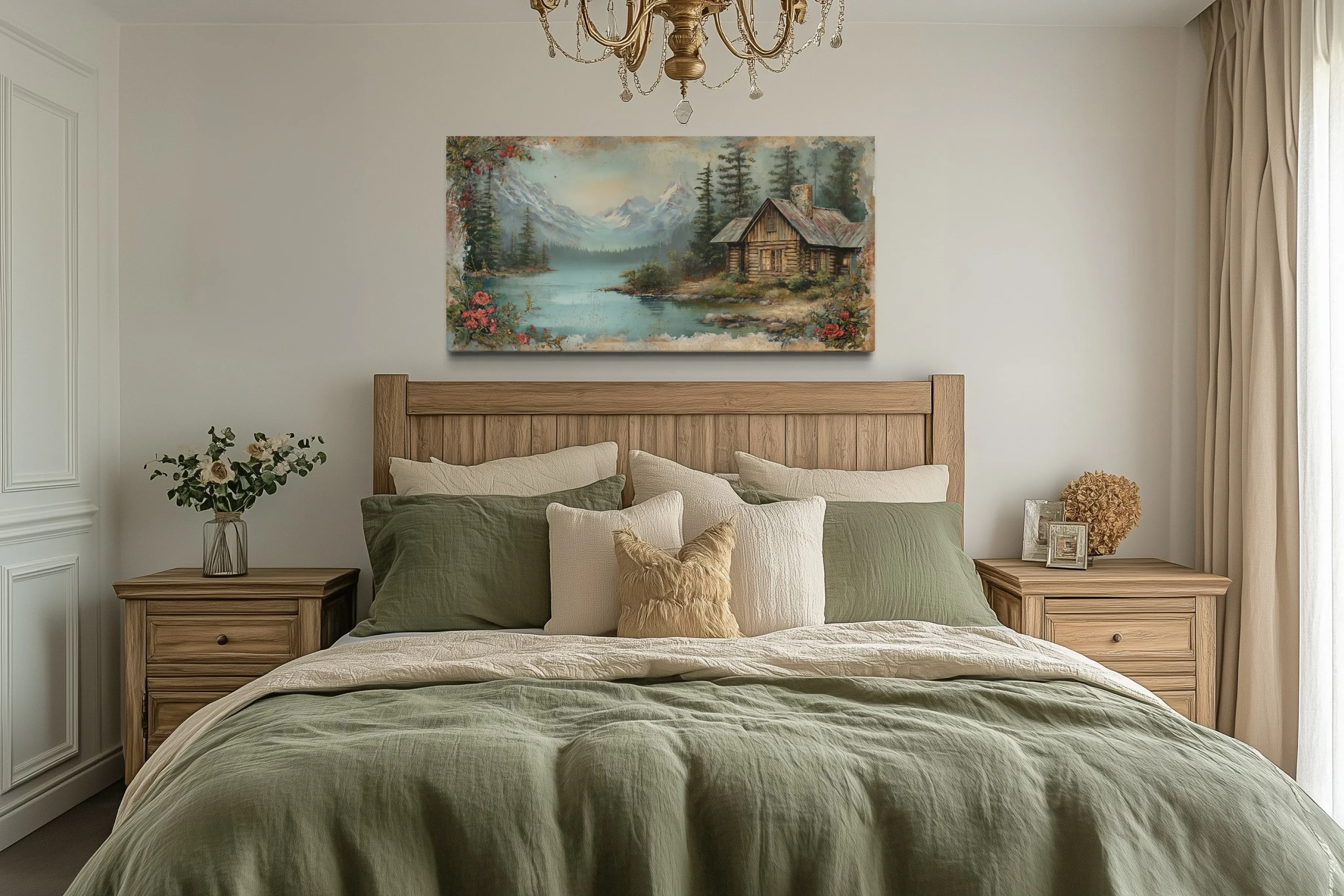 Rustic Mountain Cabin Painting On Wood Framed Canvas Wall Art