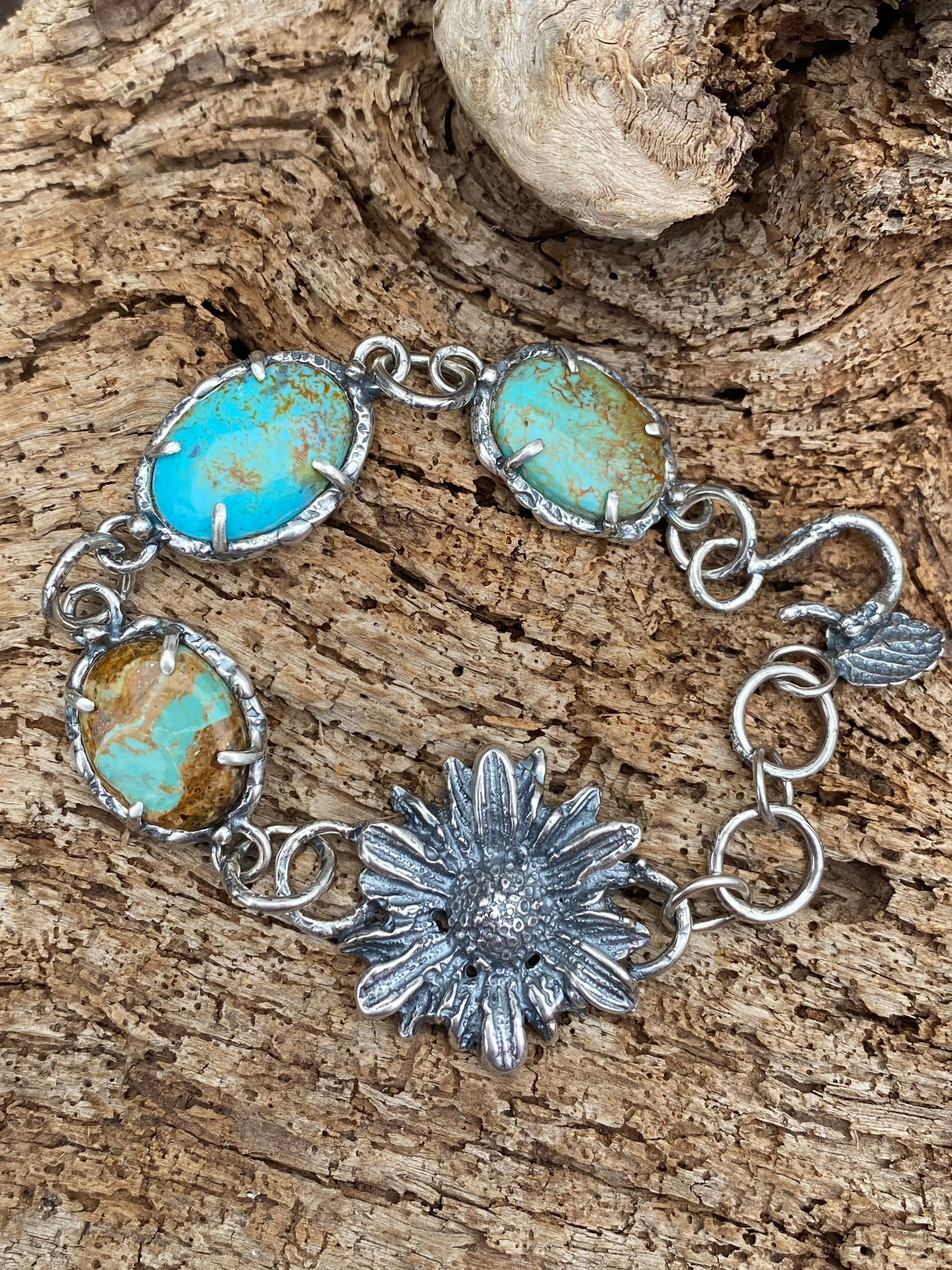 Rustic tattered wildflower sterling silver beacelet