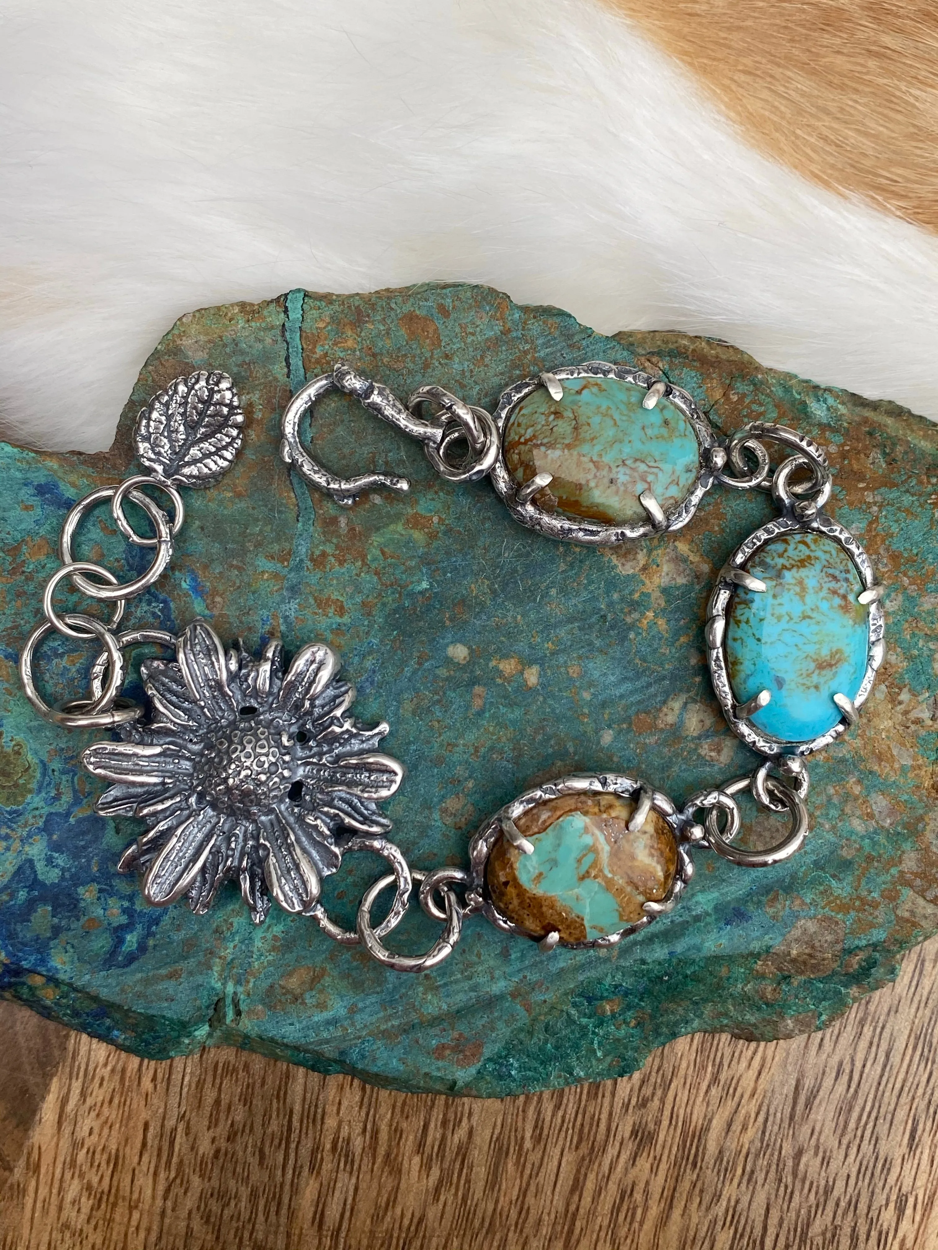 Rustic tattered wildflower sterling silver beacelet