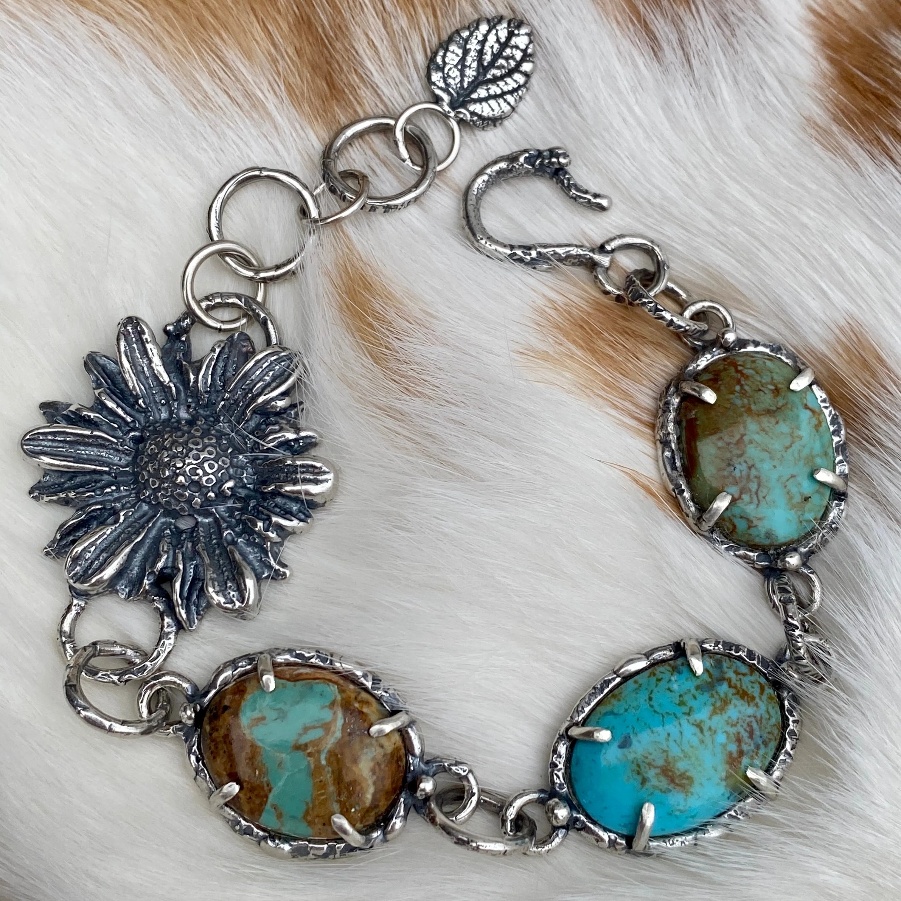 Rustic tattered wildflower sterling silver beacelet